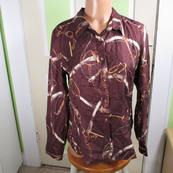 TALBOTS SILK EQUESTRIAN THEMED BLOUSE LONG SLEEVE chocolate brown 10P elegant - Picture 1 of 7